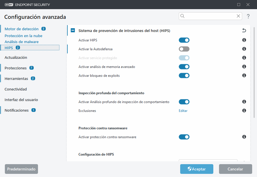 Configuración avanzada del HIPS