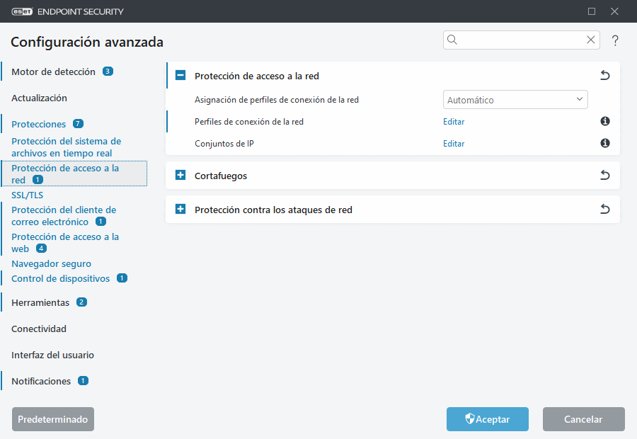 Configuración avanzada de protección de acceso a la red