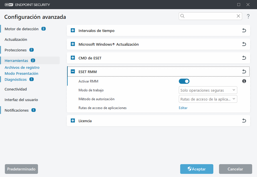 Configuración avanzada de ESET RMM