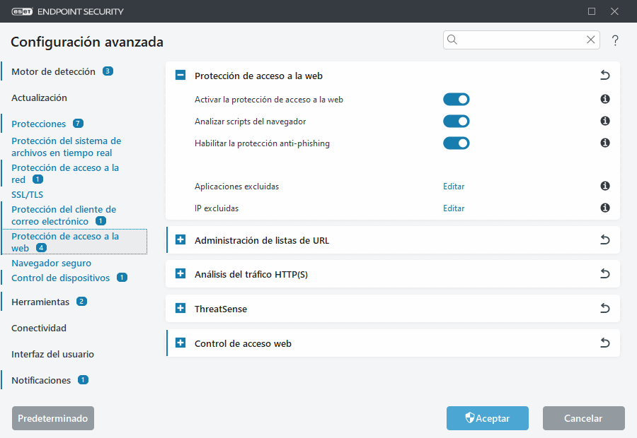 Configuración avanzada de protección de acceso a la red