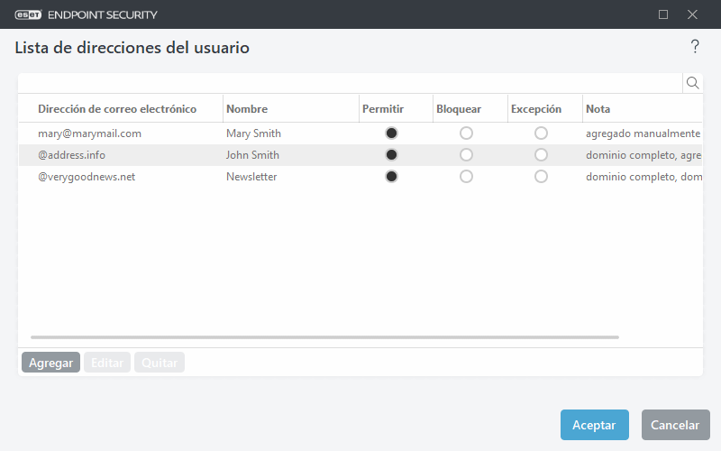 Lista de direcciones del usuario