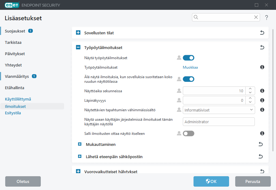 Työpöytäilmoitusten lisäasetukset