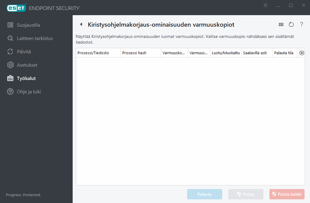 Kiristysohjelmakorjaus-ominaisuuden varmuuskopioiden hallinta