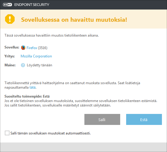 Sovelluksen muutos havaittu