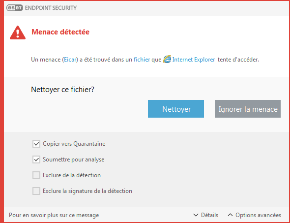 Fenêtre d'alerte - Menace trouvée