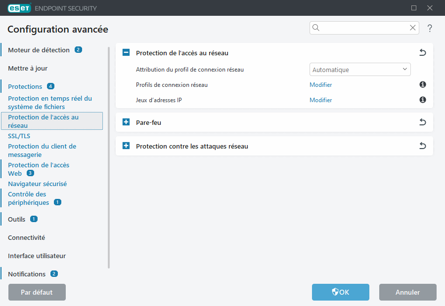 Configuration avancée de la protection de l'accès au réseau