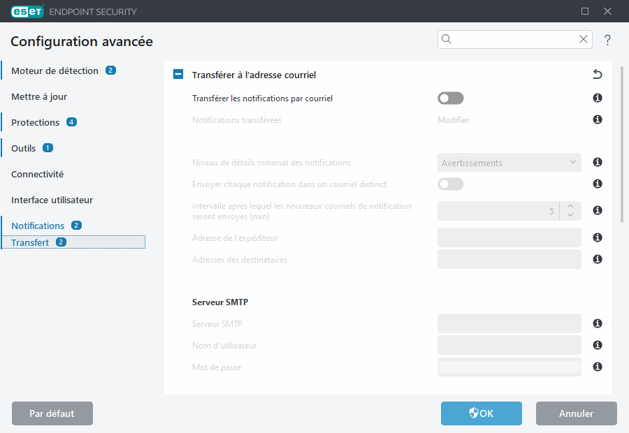 Configuration avancée du transfert