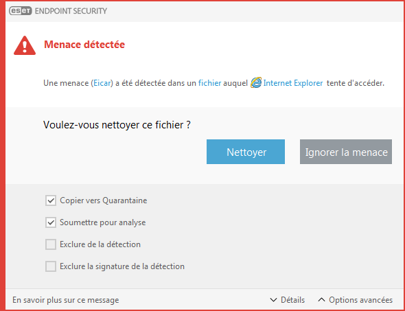 Fenêtre d'alerte - Menace détectée
