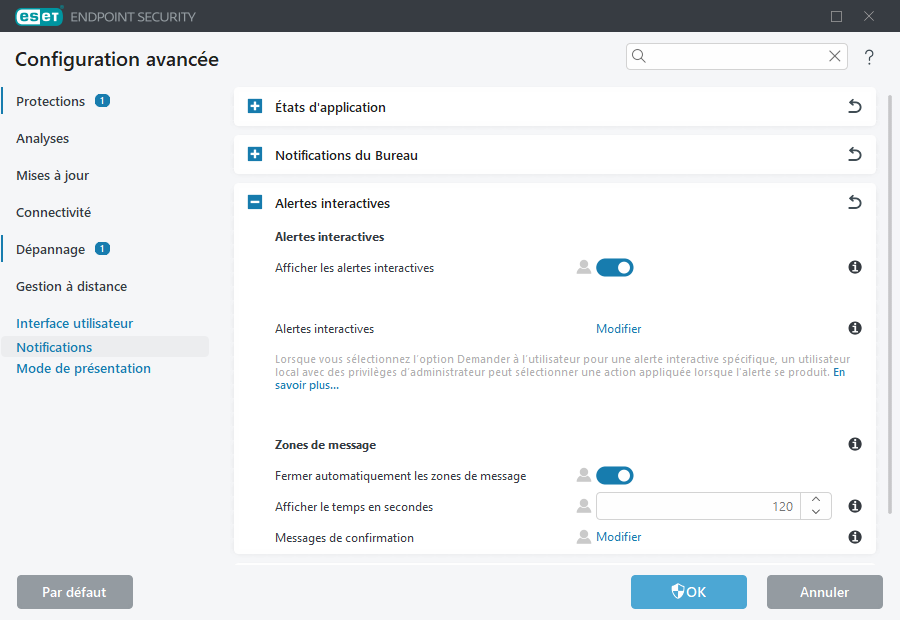 Configurations avancées des alertes interactives
