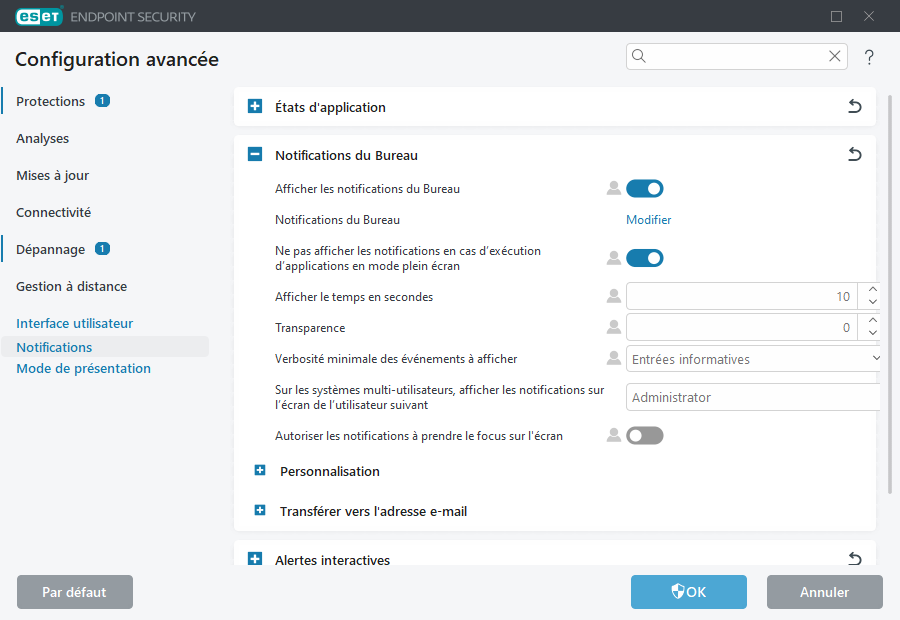 Configurations avancées des notifications du Bureau