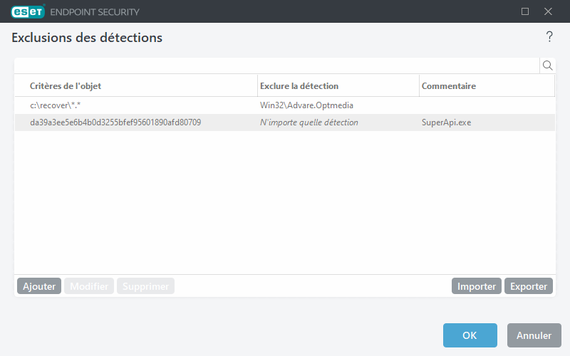 Exclusions des détections