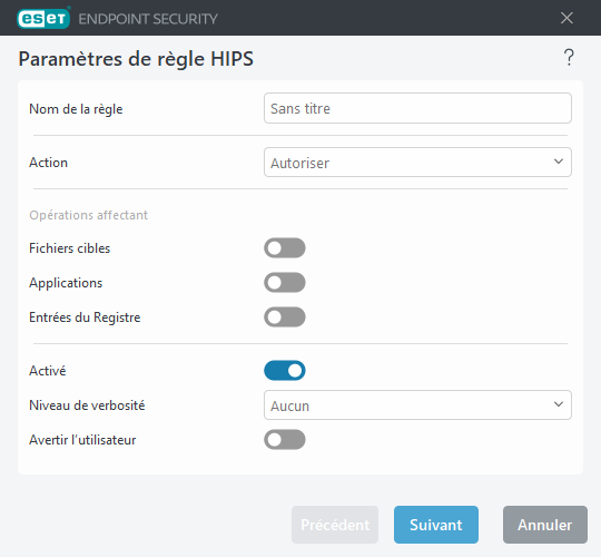 Paramètres de règle HIPS