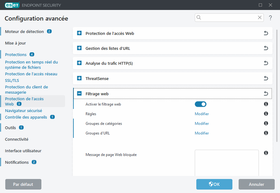 Configurations avancées du filtrage web