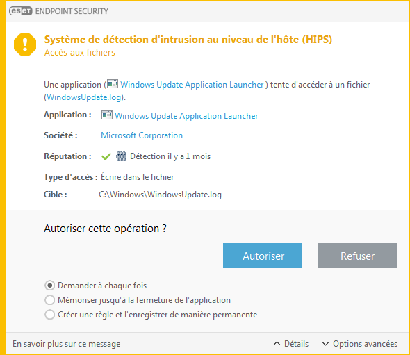 Notification du système HIPS