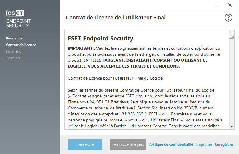Paramètres et Contrat de licence de l'utilisateur final