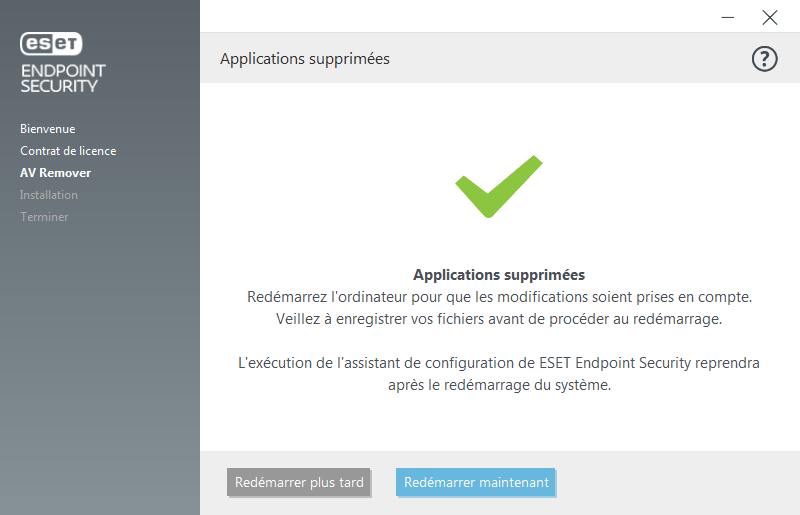 Redémarrer et poursuivre l'installation
