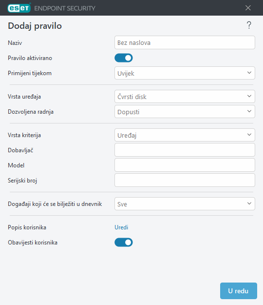 Dodavanje pravila kontrole uređaja