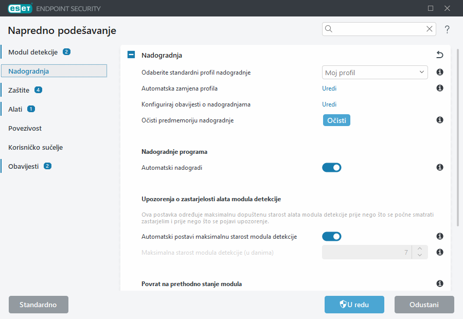 Napredno podešavanje vraćanja modula na prethodno stanje