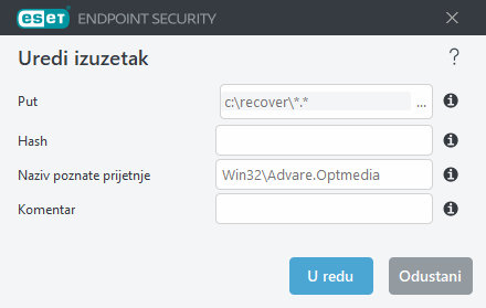 Uređivanje prijetnje za izuzimanje