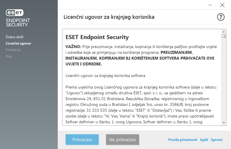 Postavke i licenčni ugovor za krajnjeg korisnika