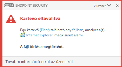 Értesítési ablak – kártevő eltávolítva