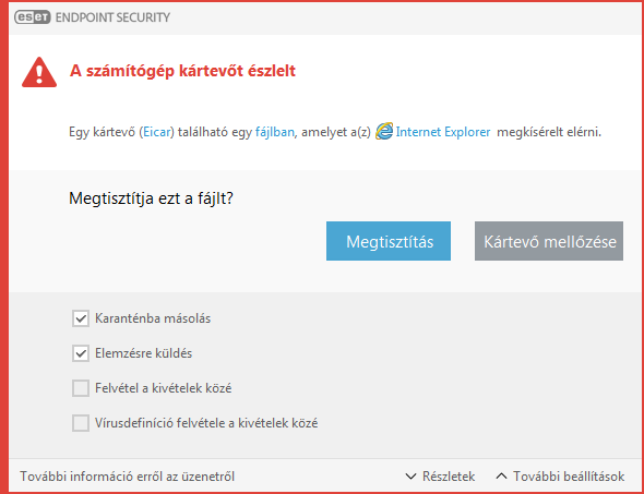 Riasztási ablak – kártevő található