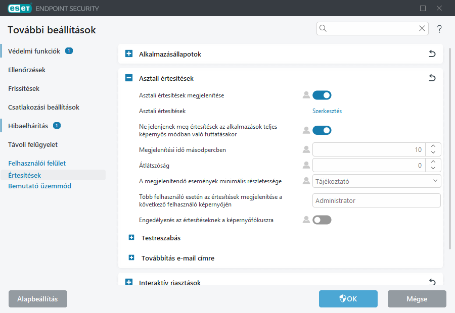 Asztali értesítések további beállításai