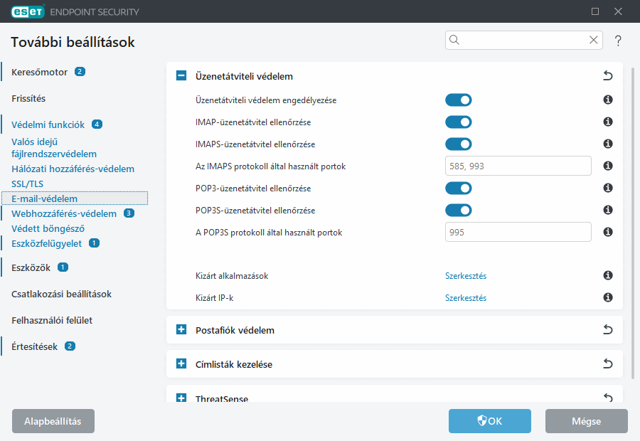 Üzenetátviteli védelem további beállításai