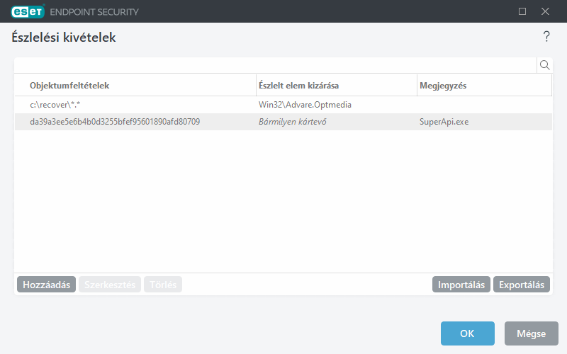 Észlelési kivételek