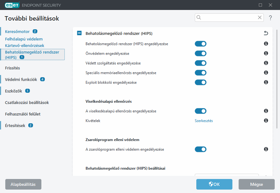 Behatolásmegelőző rendszer (HIPS) további beállításai