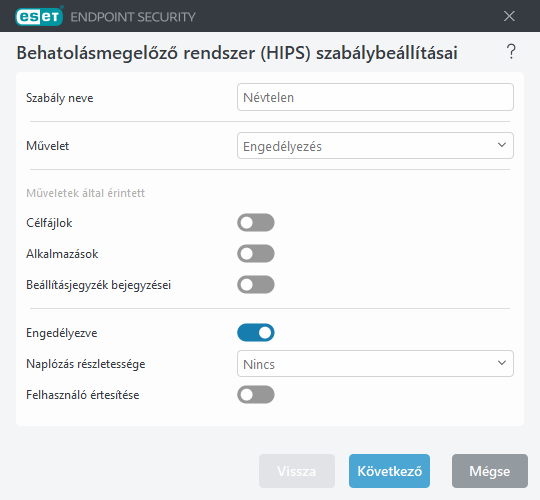 Behatolásmegelőző rendszer szabálybeállításai