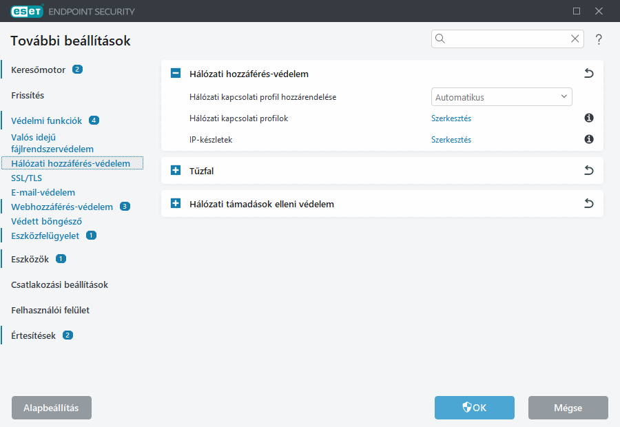 Hálózati hozzáférés-védelem további beállításai