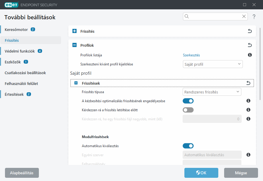 Frissítési tükör további beállításai