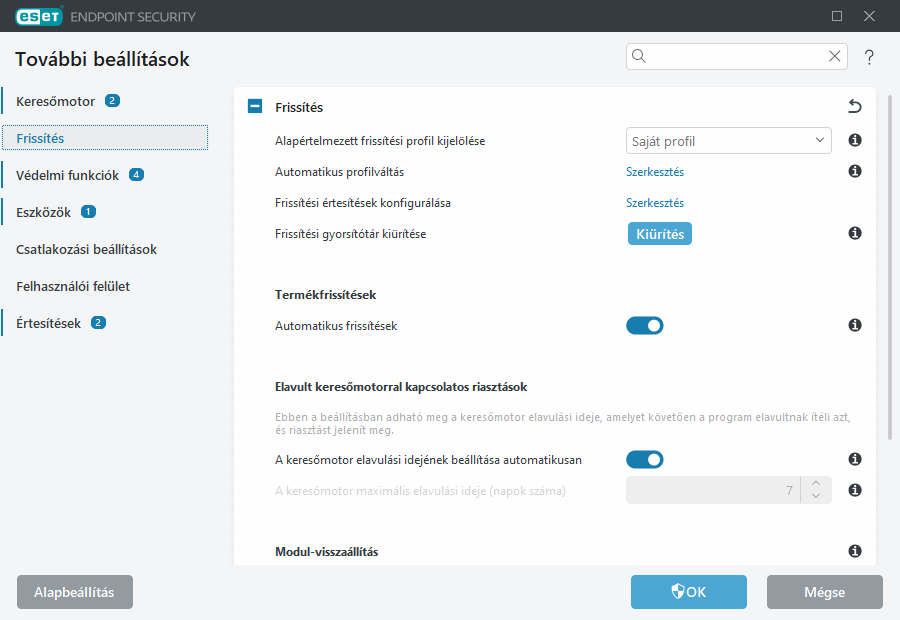 Modul-visszaállítás további beállításai