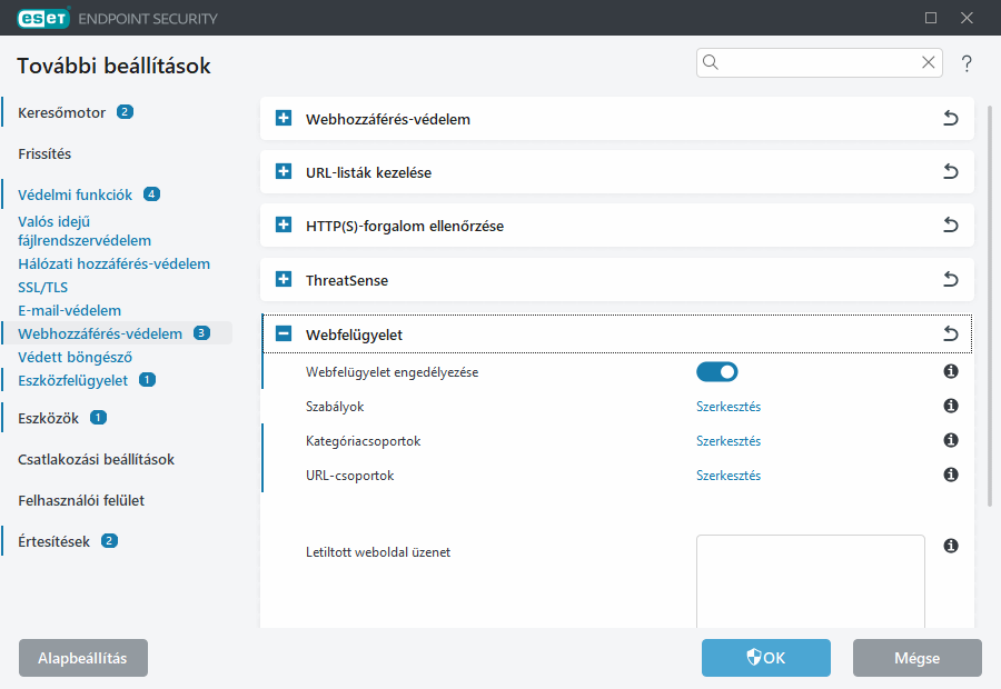 Webfelügyelet további beállításai