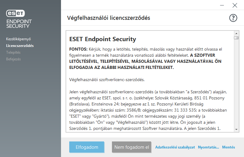 Beállítások és Végfelhasználói licencszerződés