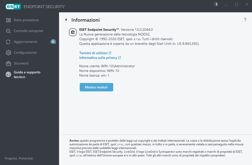 Dettagli sulla versione installata