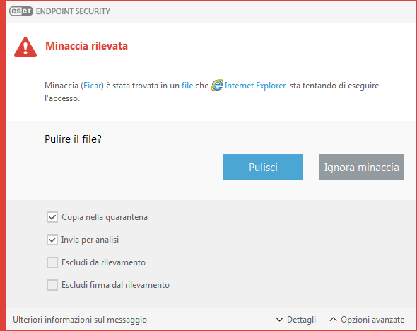 Finestra di avviso – Minaccia trovata