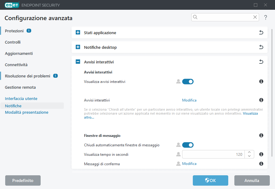 Configurazione avanzata avvisi interattivi