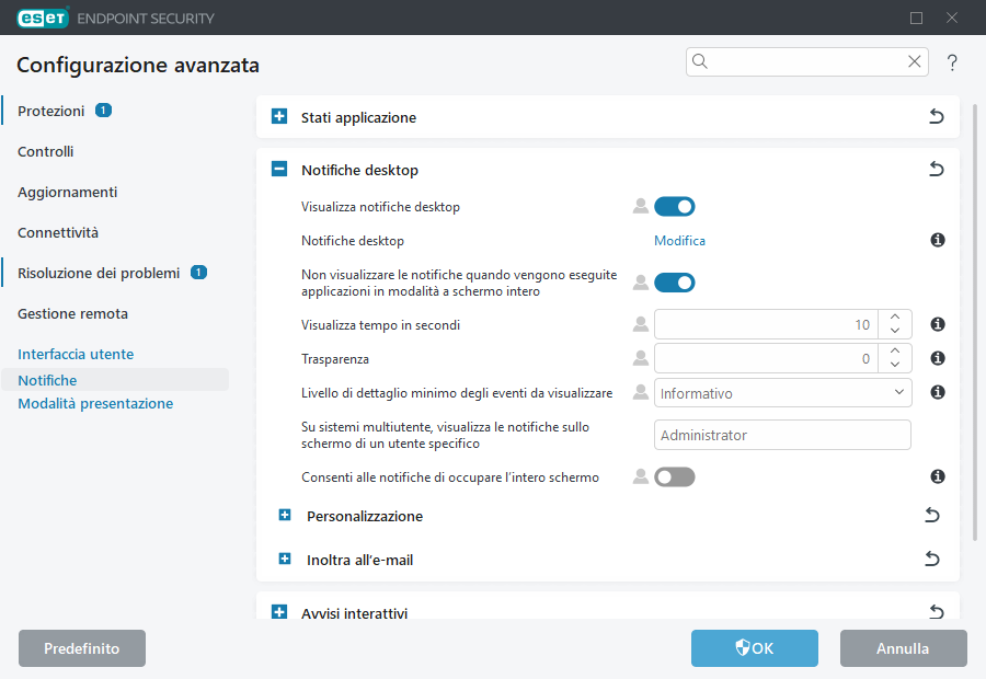 Configurazione avanzata notifiche desktop