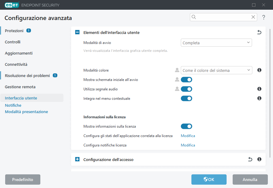 Configurazione avanzata elementi interfaccia utente