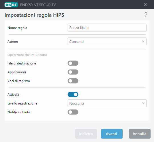 Impostazioni regole HIPS