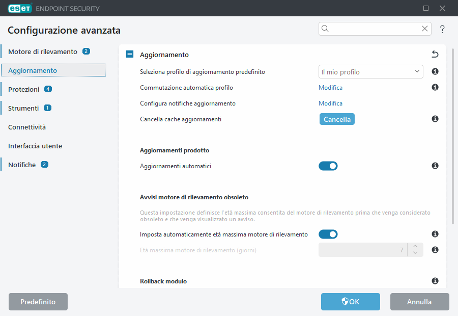 Configurazione avanzata rollback modulo