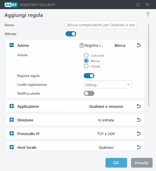 Aggiungi o modifica regola firewall
