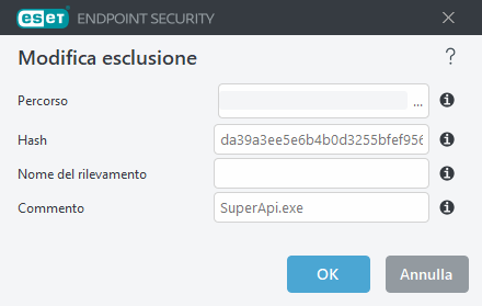 Modifica hash esclusione