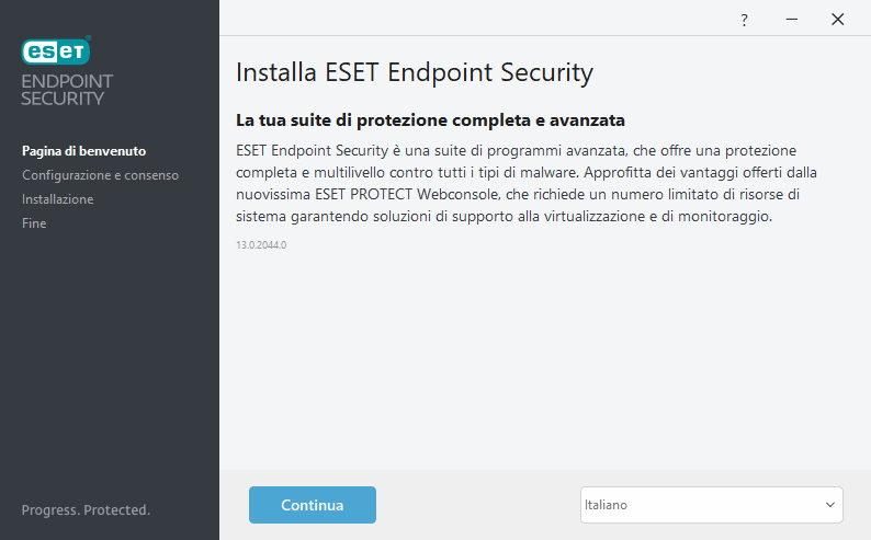Schermata di benvenuto installazione