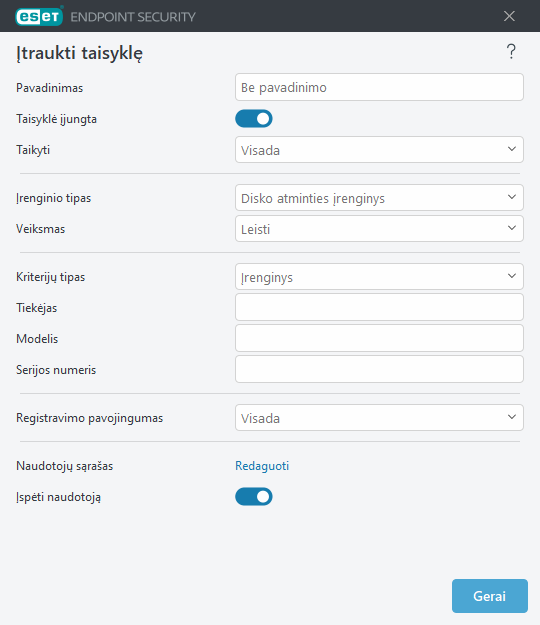 Pridėti įrenginio kontrolės taisyklę