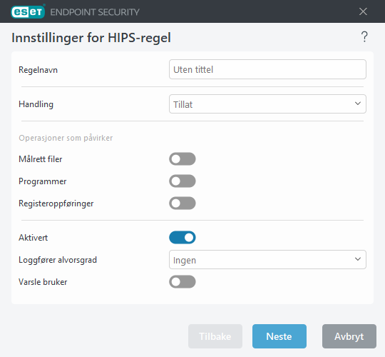 Innstillinger for HIPS-regel