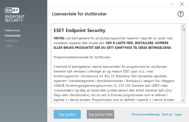 Innstillinger og lisensavtale for sluttbruker