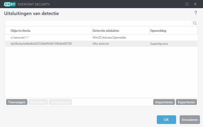 Uitsluitingen van detectie Uitsluitingen van detectie